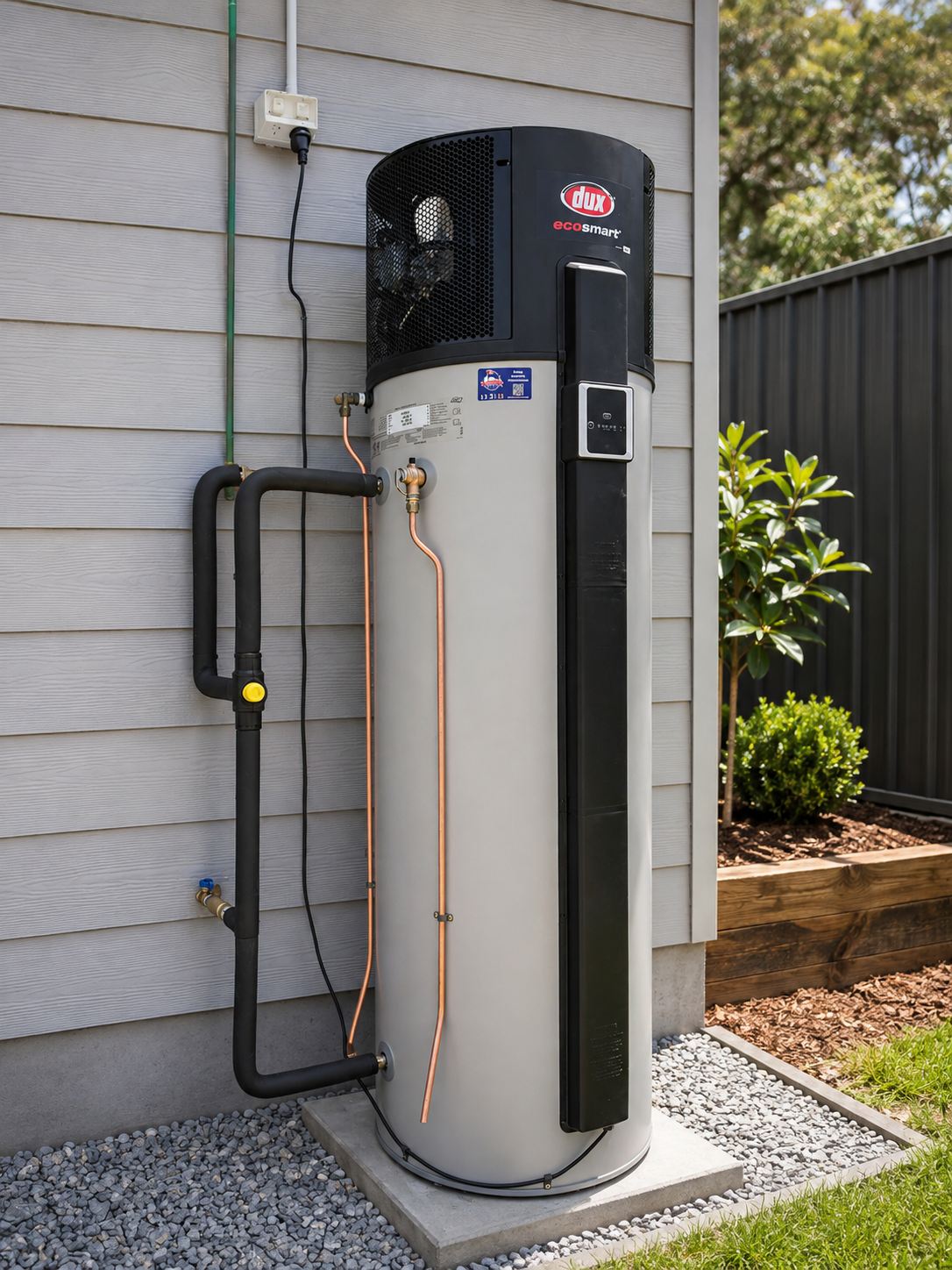 Heat pump hot water system installed in a narrow side yard beside an Australian home, with insulated pipework and a concrete base