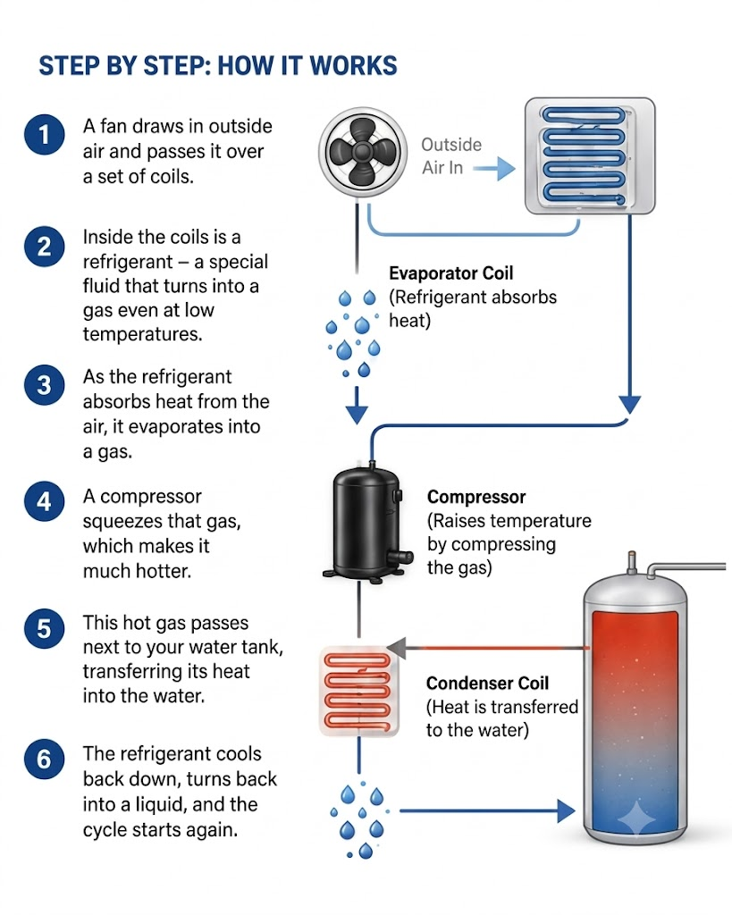 Step-by-step diagram of the heat pump hot water heating cycle, showing the fan, evaporator coil, compressor, condenser coil and water tank