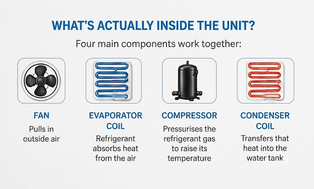 Diagram of heat pump hot water unit components: fan, evaporator coil, compressor, condenser coil
