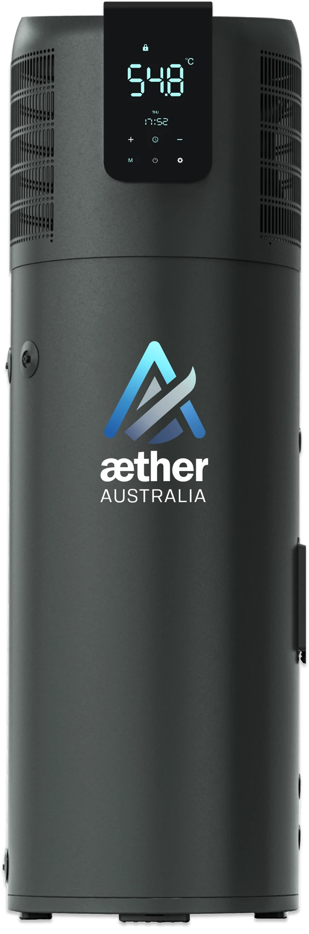 aetherX heat pump hot water system with digital temperature display