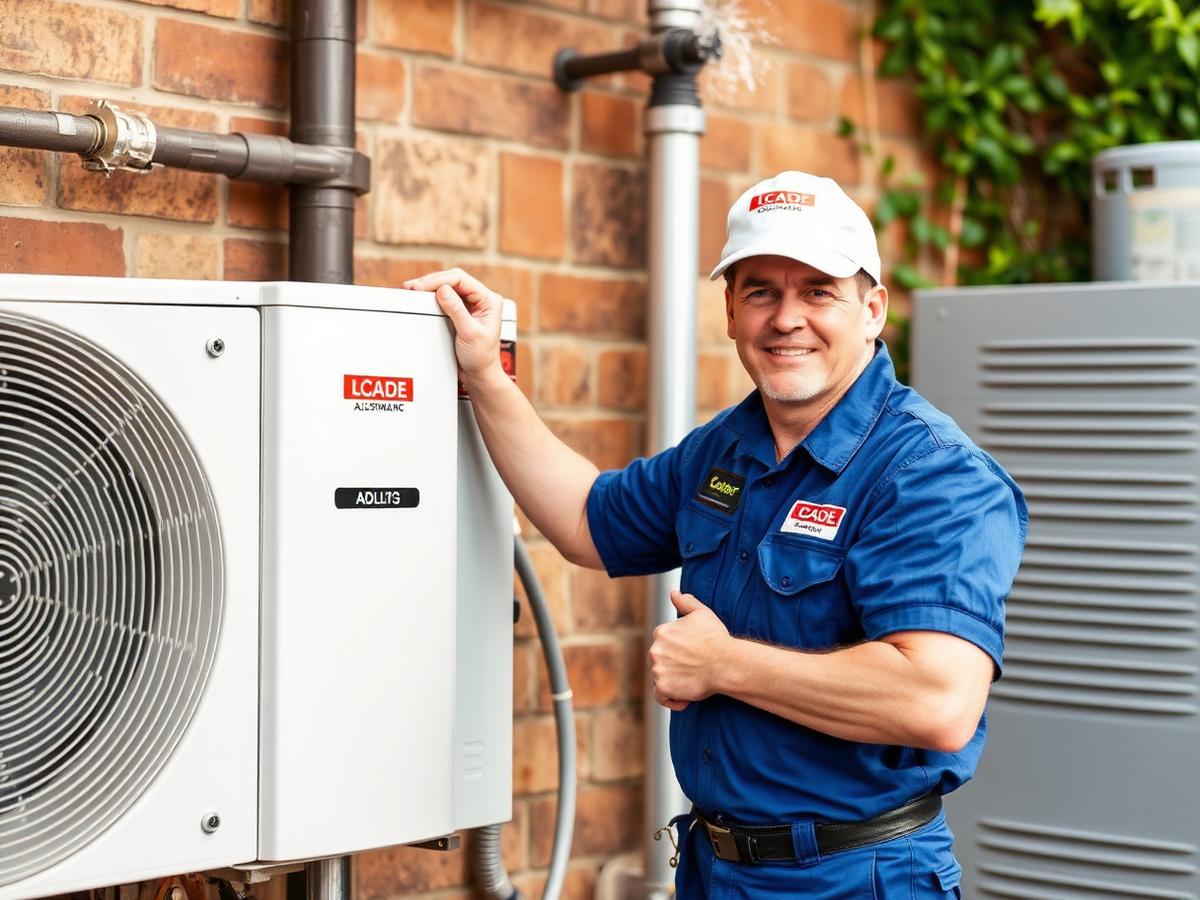 Licensed Australian plumber servicing a heat pump hot water unit