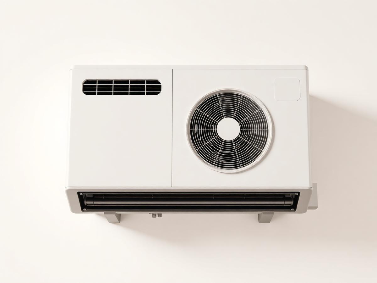 Modern heat pump hot water unit close-up