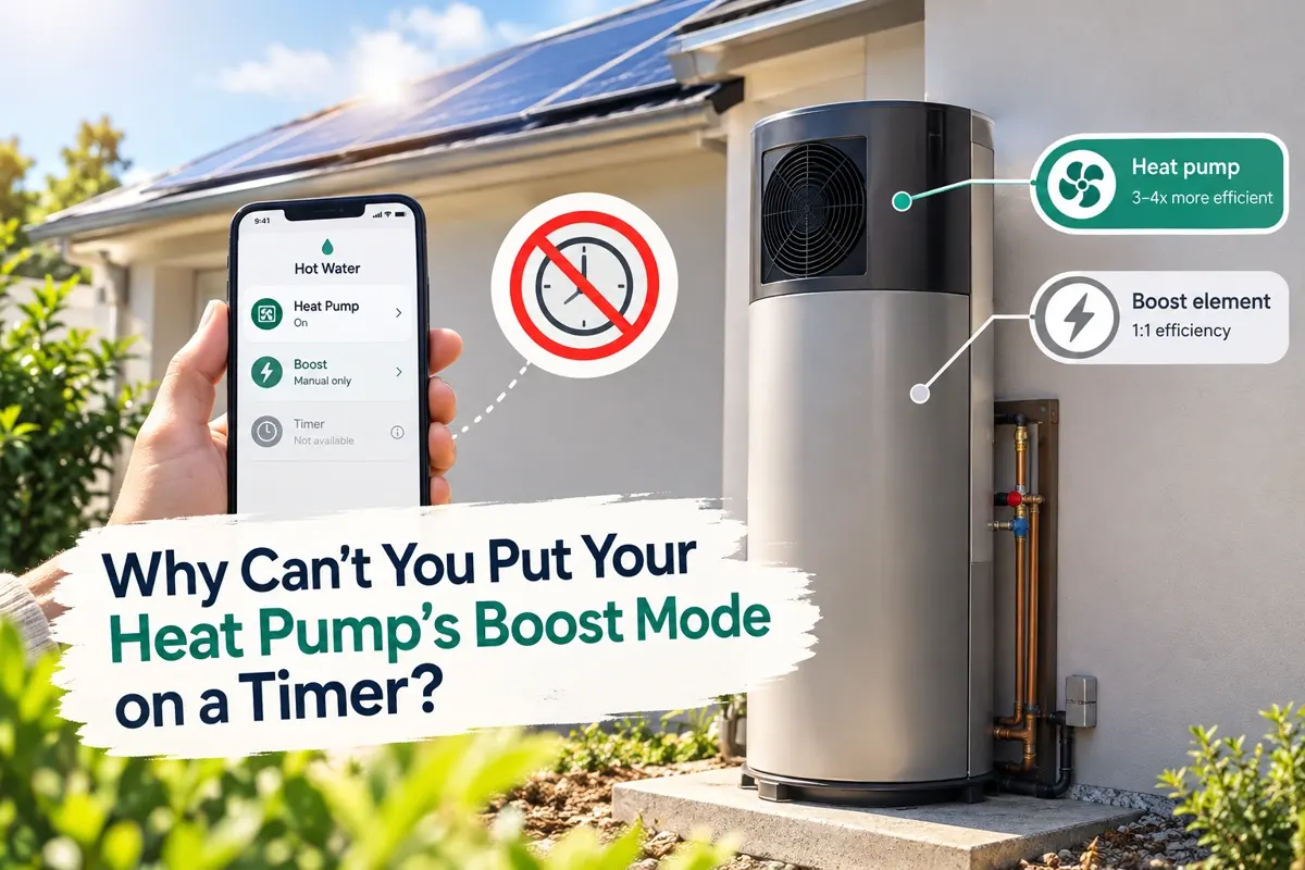 Heat pump hot water system installed outside an Australian home with rooftop solar panels